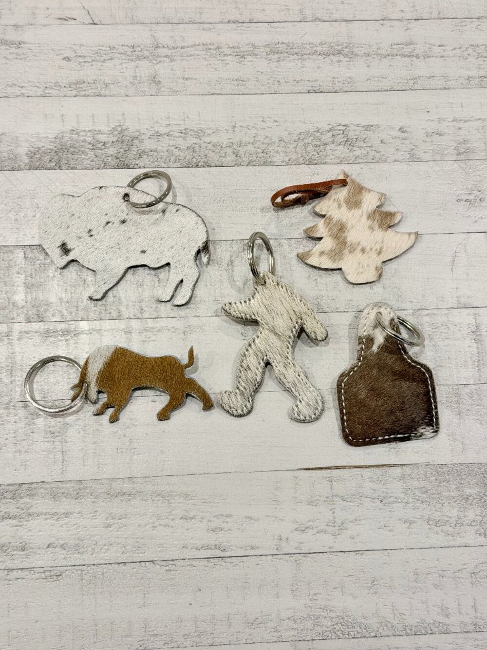 Bundle of 5 Genuine Cowhide Leather Keychains Western